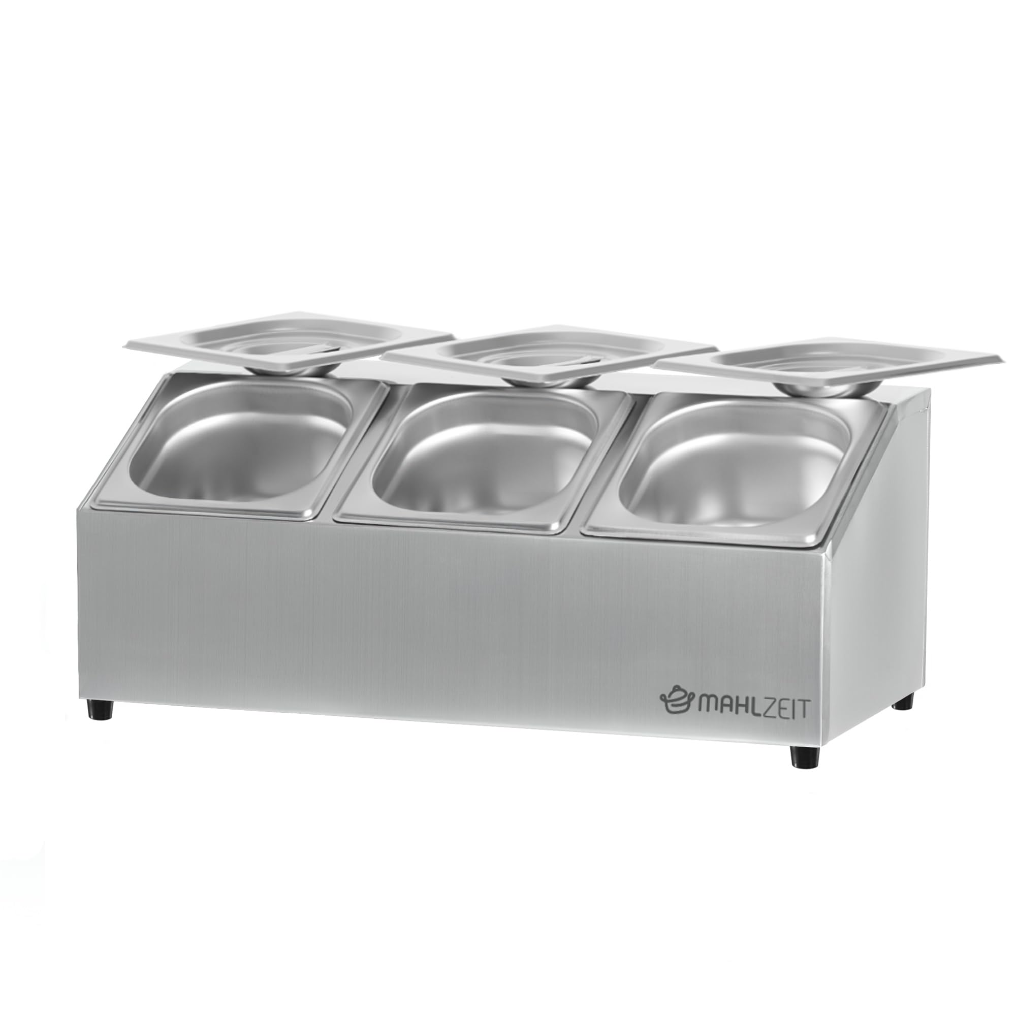 Mahlzeit Contenitore per ingredienti in acciaio inox, 3 contenitori per catering da 1/6 GN con piedini in gomma, 51 x 24,5 x 21,5 cm, contenitore per ingredienti da cocktail per gastronomia, cucina