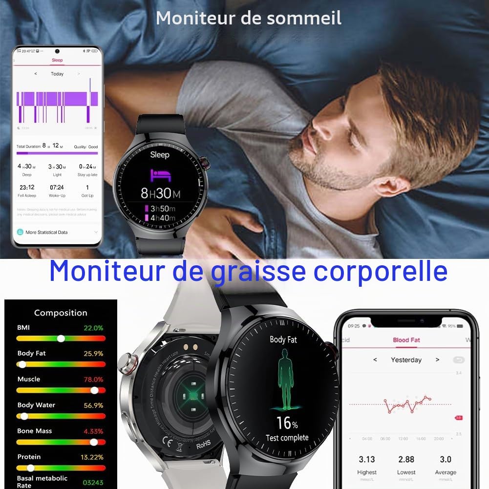 Montre Connectée ECG et Cadran Répondeur aux Appels,1,43 étanche AMOLED Smartwatch Femme Homme avec Oxymètre Pression Artérielle, SpO2, Fréquence Cardiaque pour Android iOS (Métal Noir)