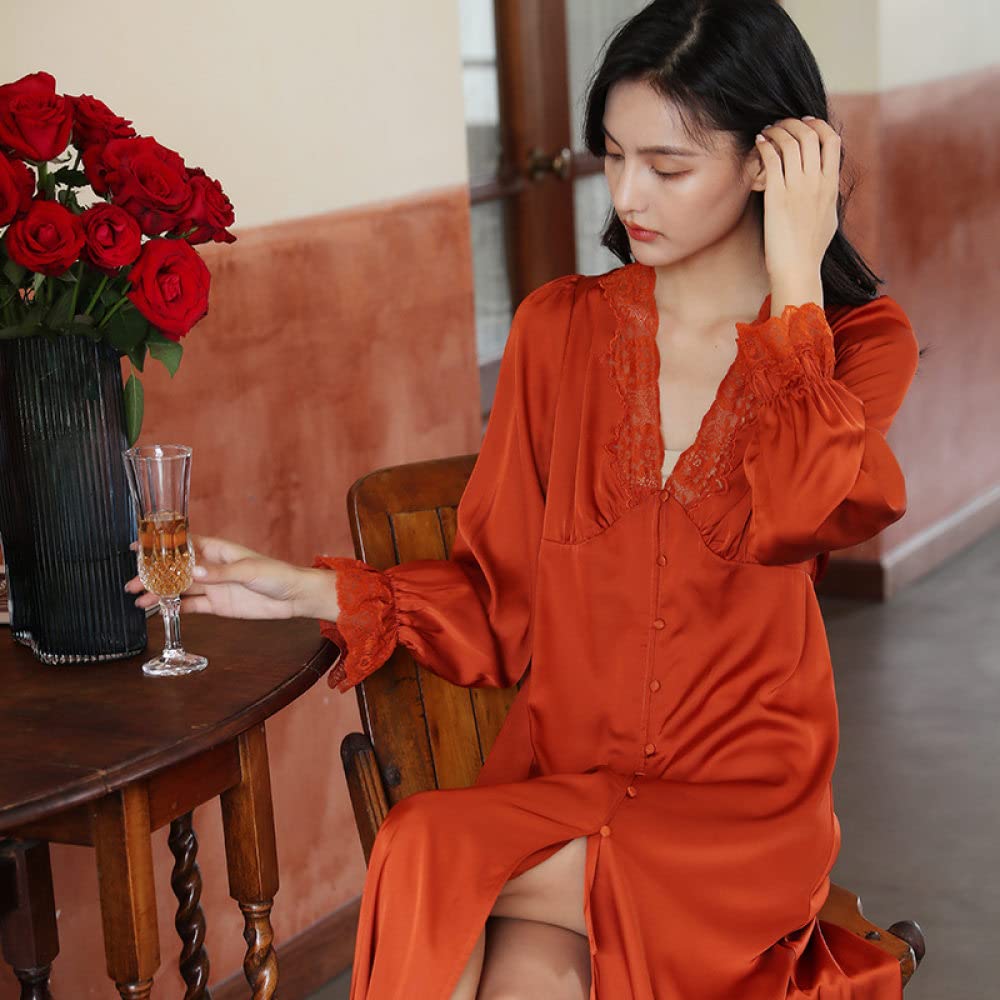 Nachthemd Damen,Damen-Nachthemden, Orange, Satin, V-Ausschnitt, Spitze, Knopf, Schlitz, Sexy Schlafhemd, Weiches, Bequemes, Langärmliges Nachthemd, Loungewear Für Damen, Mädchen, Pyjama-Party, We