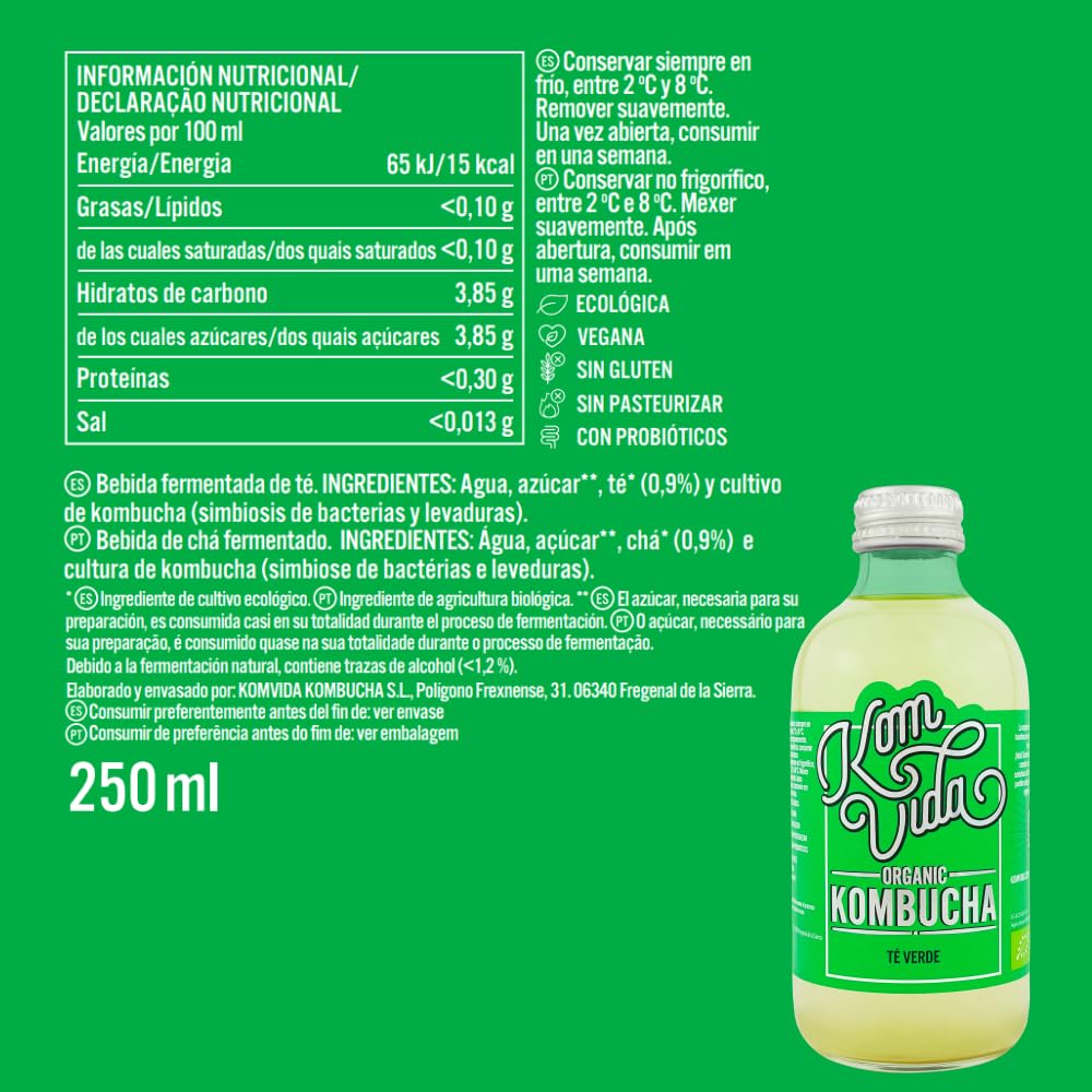 Té kombucha. Komvida. Kit multisabor. 12 botellas de kombucha orgánica. 250 ml. Envío en frío.