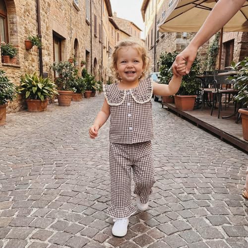 LIOMENGZI Toddler Baby Girl Clothes Summer Baby Outffit Doll Collar Plaid Button Up Plaid Vest Tops Pants 12 18 24 Month 3T 4T (Coffee, 2-3T) — view 3