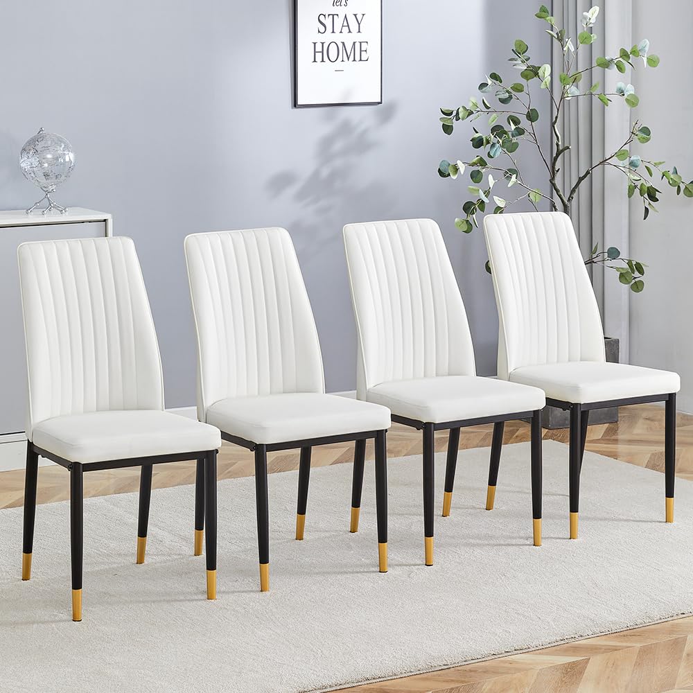 Dining Chairs Set of 4, Modern Dining Chairs with Faux Leather Upholstered Seat High Back and Legs, Sillas De Comedor Chairs for Dining Room, Kitchen, Living Room (White, Set of 4)