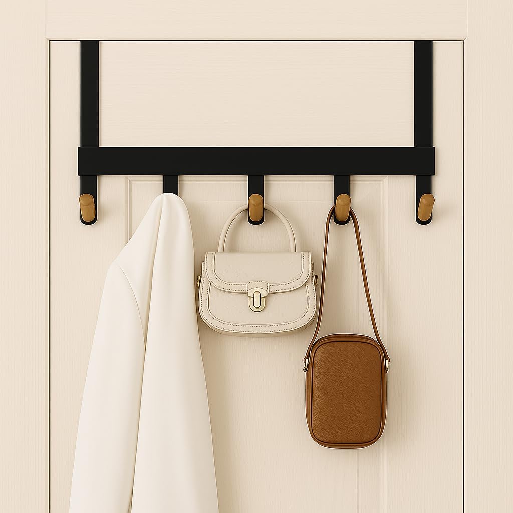 A&M Shops Over The Door Hanger - Heavy Duty Metal Door Hanger with Lotus Wood Tip for Bathroom & Bedroom - Coat Rack Organizer with 5 Stylish Towel Hooks for Door, Clothes & Bags - Black 1 Pack