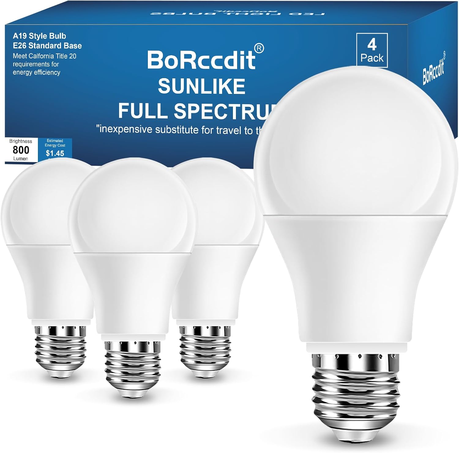BORCCDIT Full Spectrum 6000K Natural Sunlight Bulbs, 9W Equivalent to 60W, Cool White Light, A19, E26/E27 Base (Pack of 4)