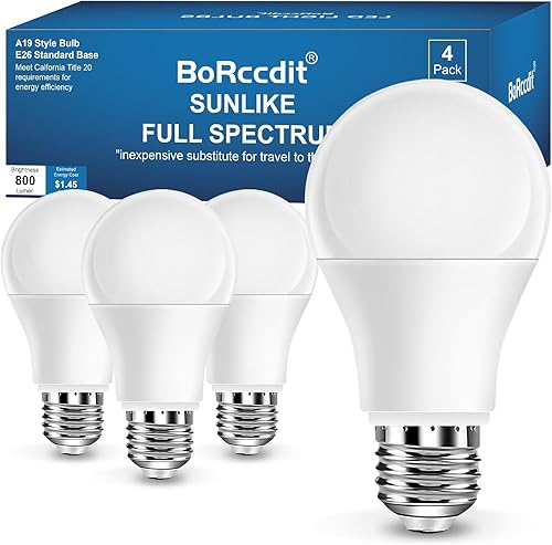 Bombillas de luz solar natural de espectro completo de 6000 K, equivalente a 9 W a 60 W, luz blanca fría, A19, base E26E27 (paquete de 4)