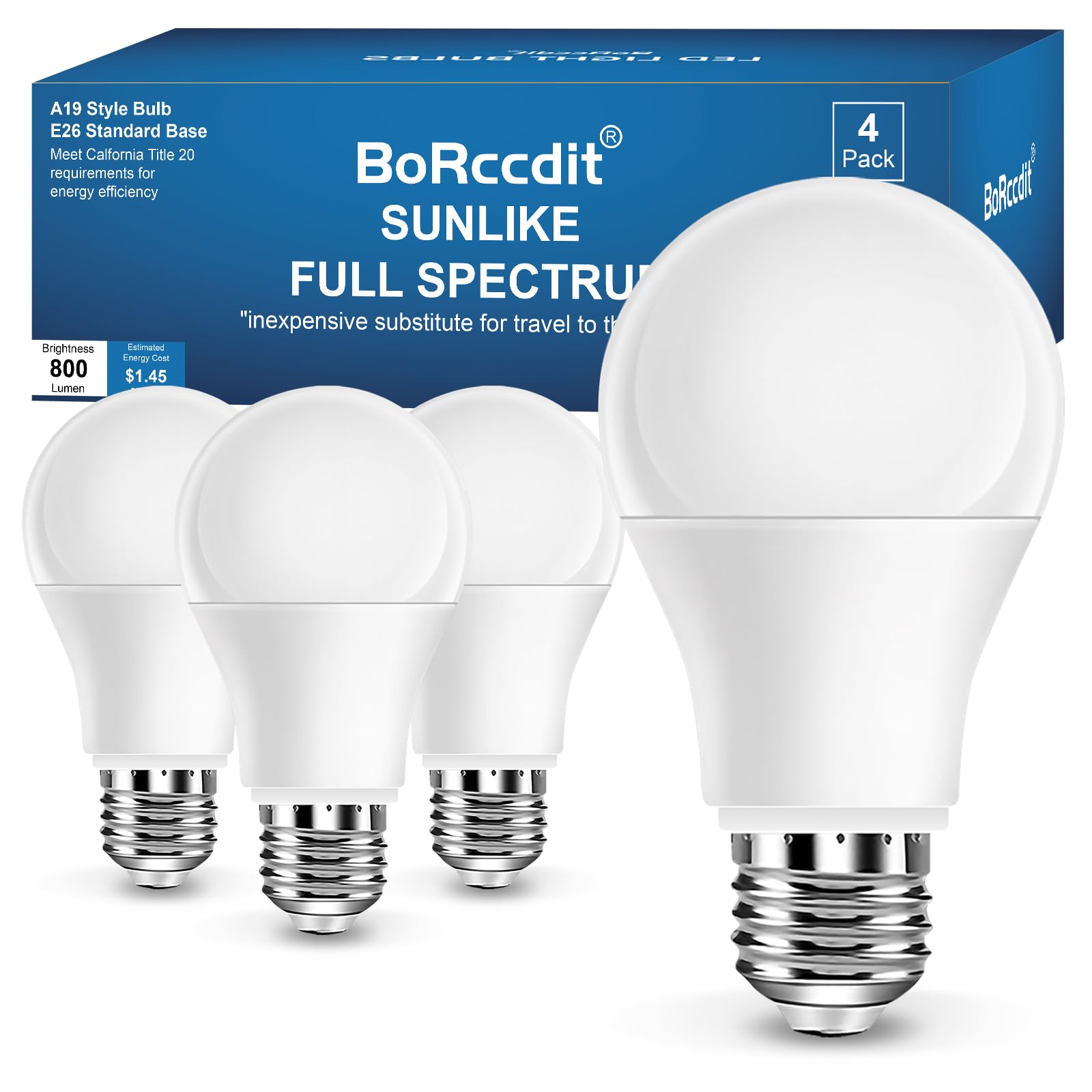 BoRccdit Full Spectrum Light Bulb, 6000K Natural Sunlight Bulbs, Bright Light Bulbs 9W 60W Equivalent, Cool White Comfortable Light, A19, E26/E27 (A19, Count, 4)
