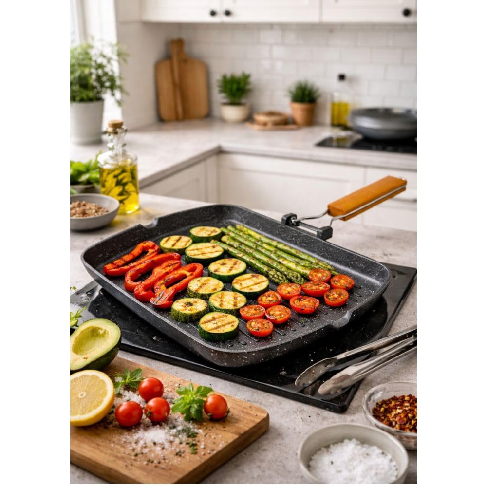Bistecchiera 36x26 cm in Alluminio con Rivestimento in Pietra Antiaderente – Grill Pan Ultraresistente per Cottura Sana Senza Olio – Manico Ergonomico Pieghevole