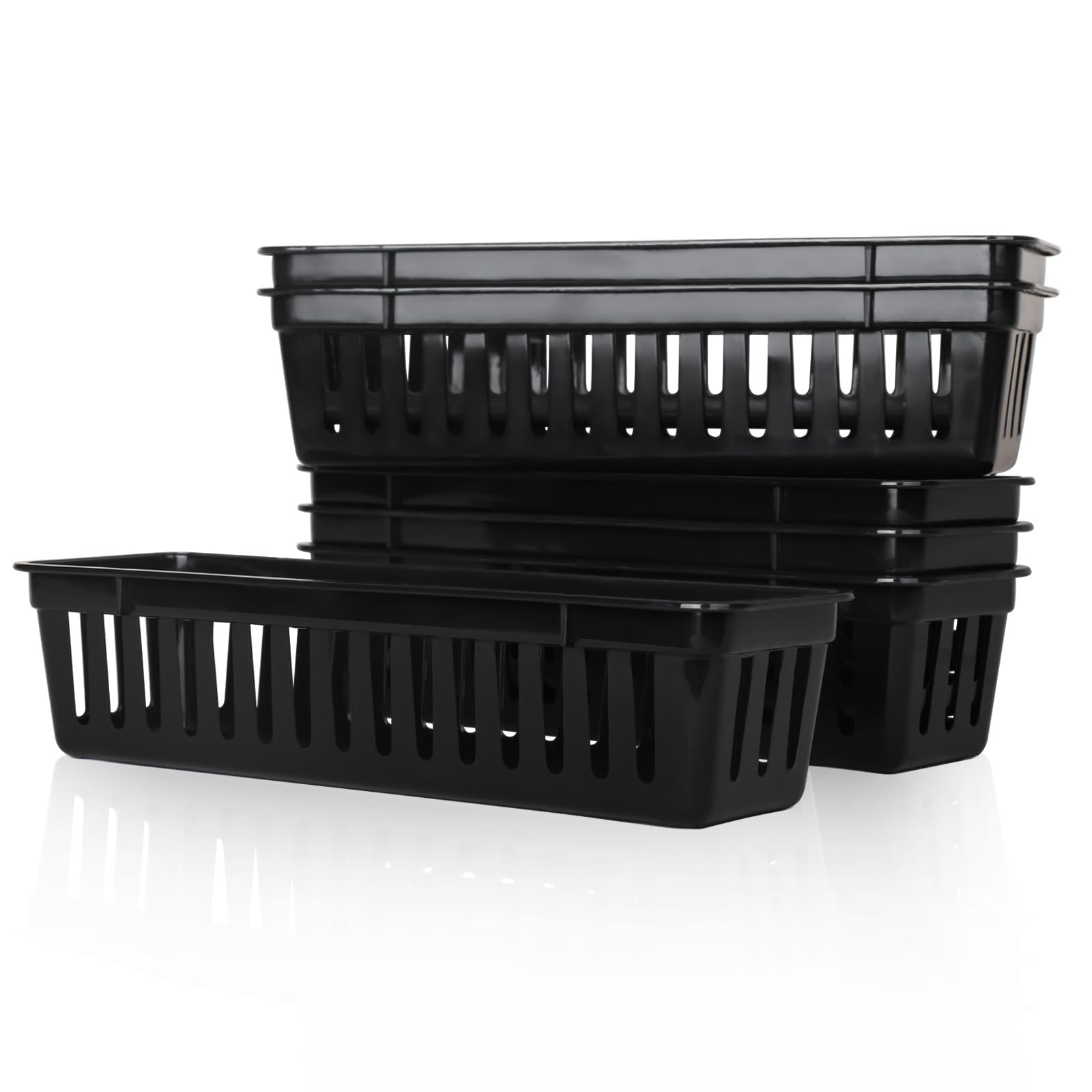 6PCS Stackable Storage Baskets, Drawer Storage Baskets and Trays, Slim Container Organizer for Desk, Vanity, Bedroom,Bathroom, Kitchen and Garage - Black