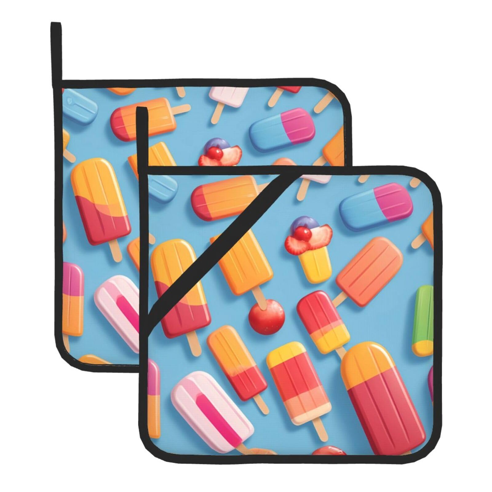 HJFCZH Colorful Popsicles Printed Square Insulated Pot Mat Set (2-Piece) 8x8in Waterproof, Thickened & Easy to Clean with Lanyard Design for Kitchen, Oven & BBQ