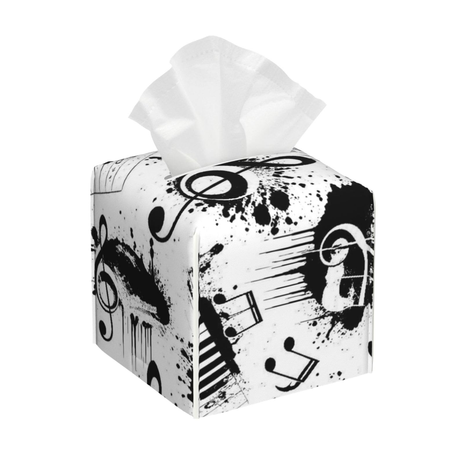 Abstract Music Note Piano Leather Tissue Box Cover Holder Square Facial Paper Organizer 5.2" X 5.2" X 5.2"