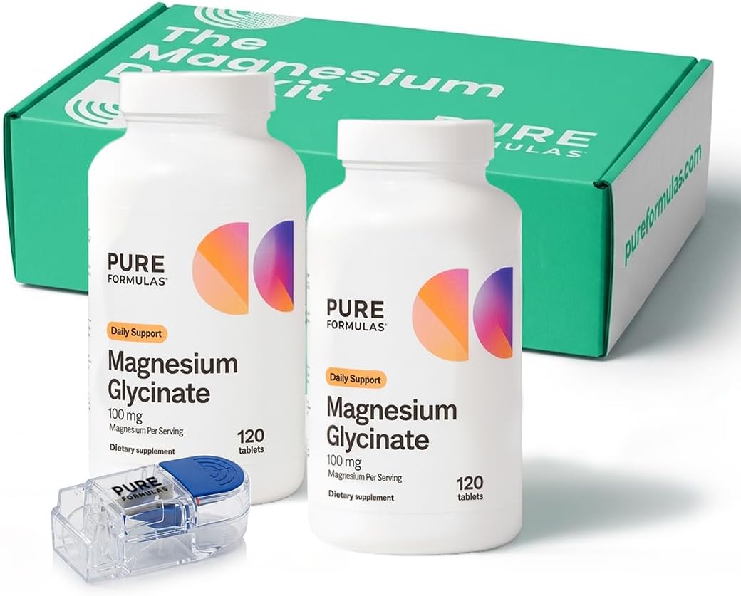 PureFormulas Magnesium Glycinate 100 mg Daily Support for Stress, Nerves, Sleep, Muscles, Metabolism Pure Magnesium Glycinate Supplement for Women and Men Magnesio Non-GMO 240 Tablets with Pill Cutter