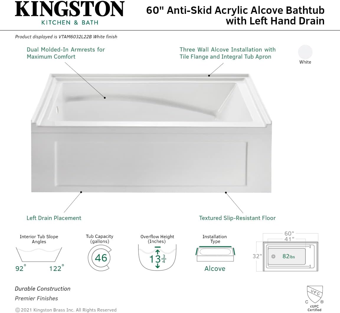 Aqua Eden VTAM6032L22B 60-Inch Anti-Skid Acrylic 3-Wall Alcove Tub with Left Hand Drain Hole, White