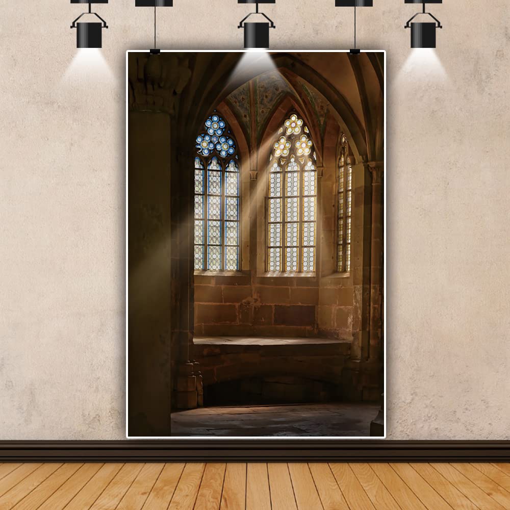 YongFoto Toile De Fond 3x2m Cathédrale Vintage Gothique - Église Croix Fenêtre Chandelier Pour Séance Photo
