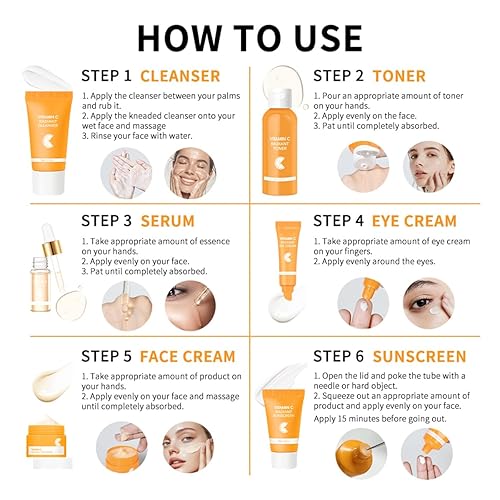 Miniatura 7 de Juego de 6 piezas de cuidado de la piel hidratante con vitamina C, kit de cuidado facial que incluye suero, crema facial, crema para ojos, tónico,