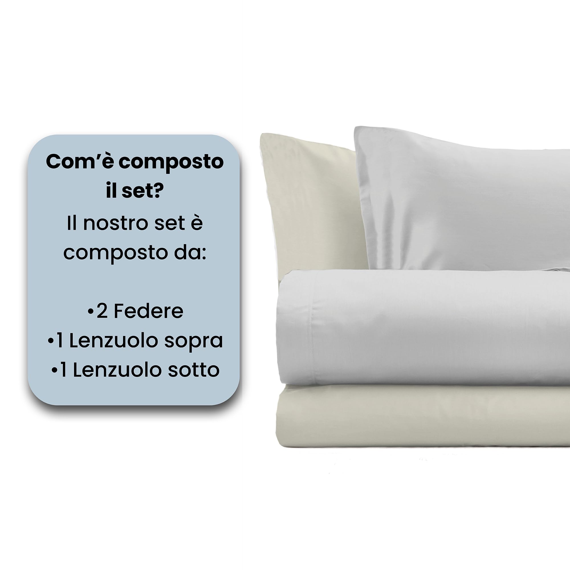 Italian Bed Linen COMPLETO LETTO MATRIMONIALE NATURAL COLOR 100% Cotone - Prodotto in Italia - Sopra 240x300 cm, Sotto 170x200 cm, Federe 50x80 cm Tinta Unita - DoubleFace - Grigio Chiaro/Panna