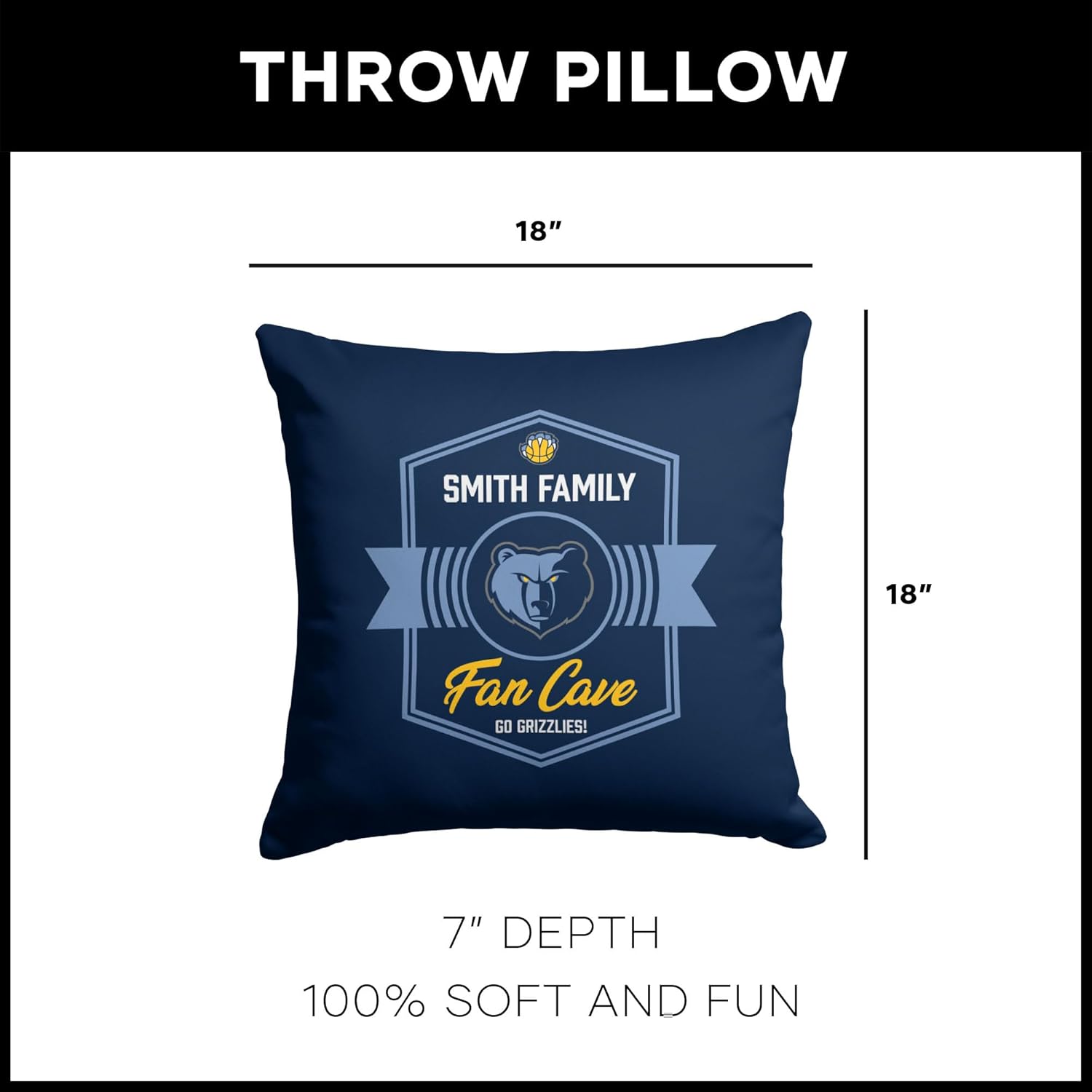NORTHWEST NBA Memphis Grizzlies, Dominion, Personalized Throw Pillow, 18 x 18 Inches