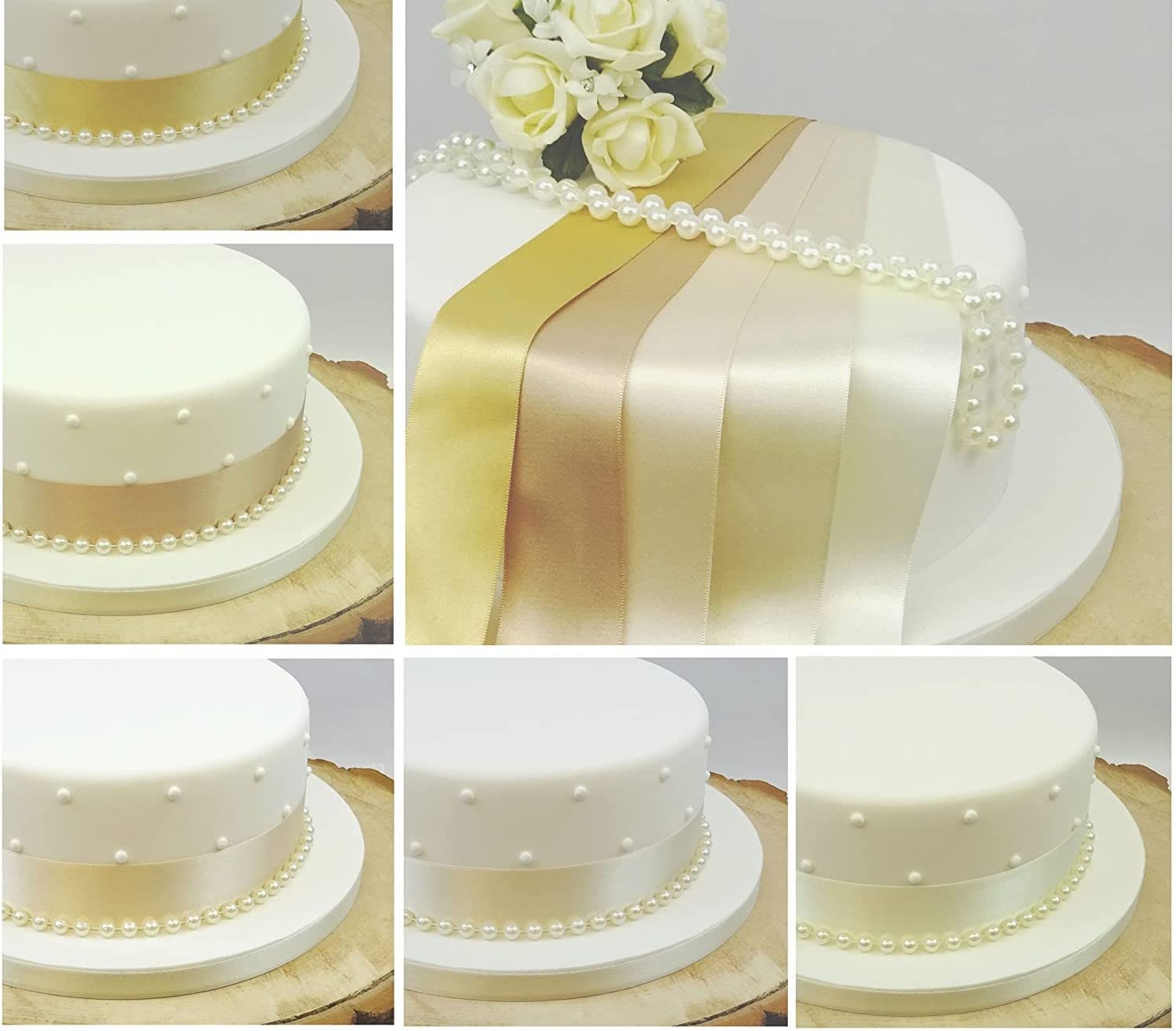 The Cake Emporium Ltd Gold Satin Ribbon 35Mm & 8Mm Pearls Cake Decoration Wedding Cake Topper Trim- Vintage Shades Of Creams (Gold) 1 Metre