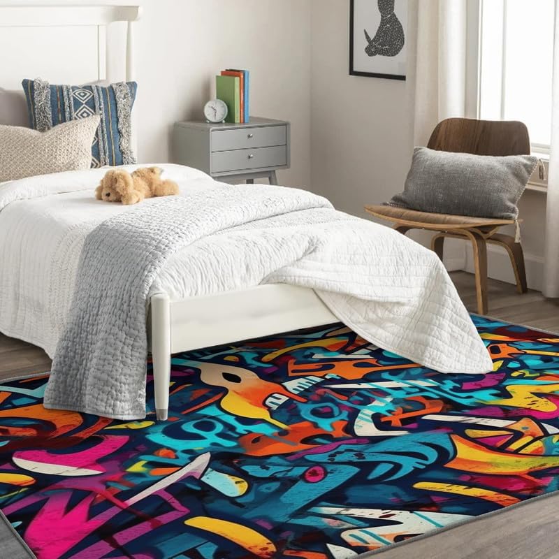 Miniatura 9 de Alfombras lavables para sala de estar, dormitorio, alfombra de graffiti musical y decoración del hogar, alfombra de área de hip hop de 3 x 4, Música