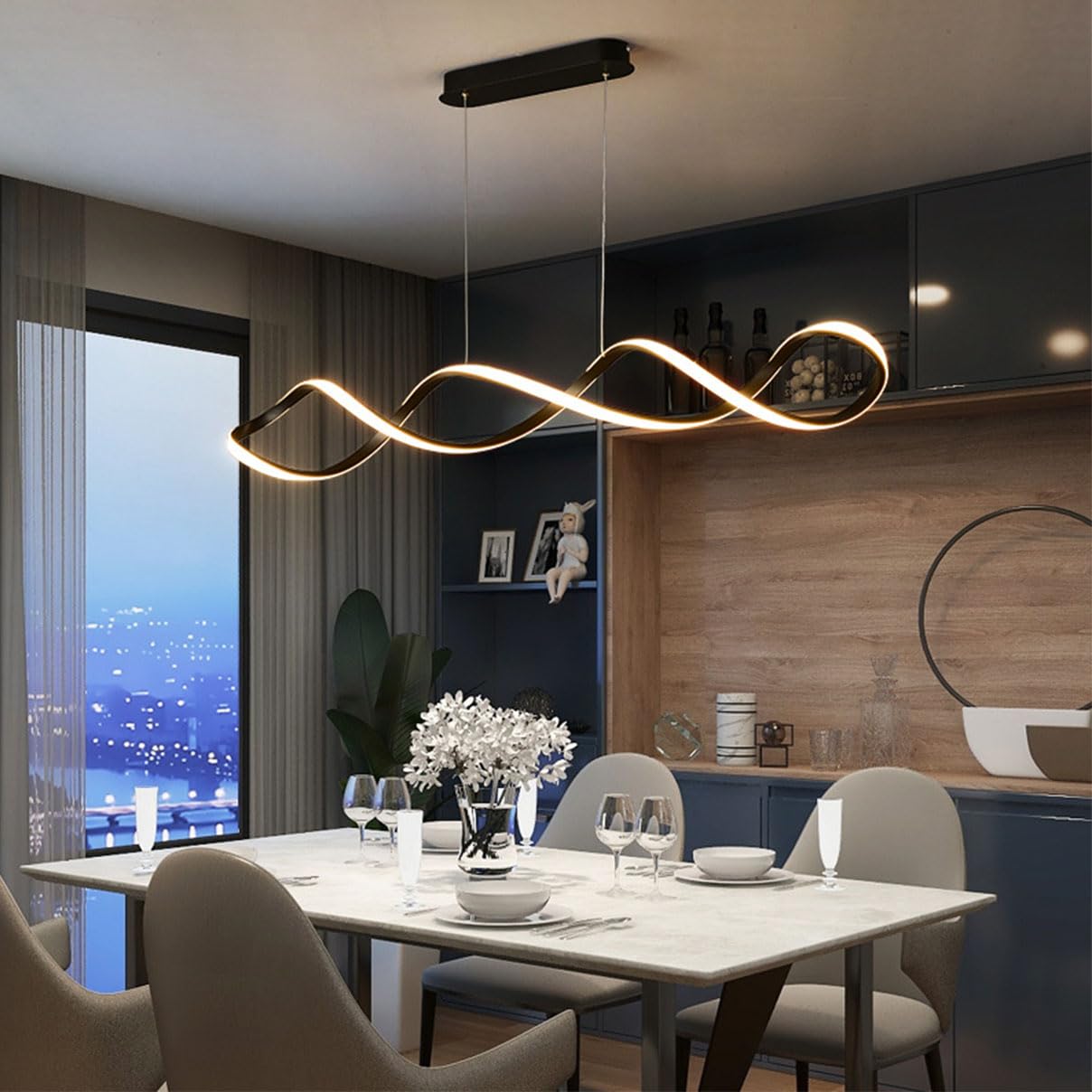 LED Pendant Lamp Dining Table Pendant Light Dimmable with Remote Control Dining Room Ceiling Lights, Creative Design Pendant Light for Kitchen Island, Bar, Cafe, Restaurant Table (Black, 120cm)