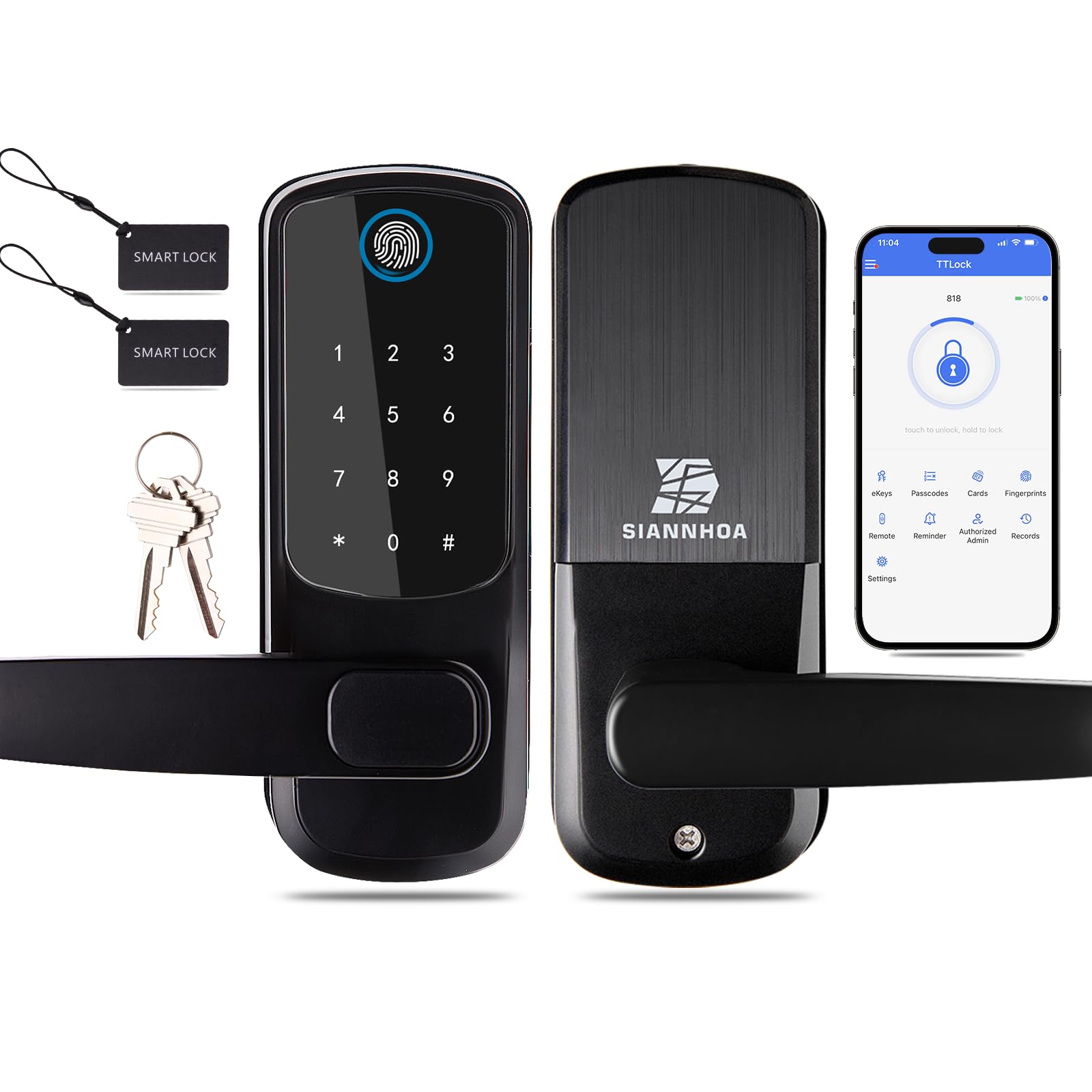 Siannhoa Black Smart Lock-Keyless Entry Door Lock With Fingerprint Sensor, Keypad, Door Handle, Built-In Wifi Deadbolt - Home Security Electronic Smart Locks For Front Door, Smart Passcode Lock…
