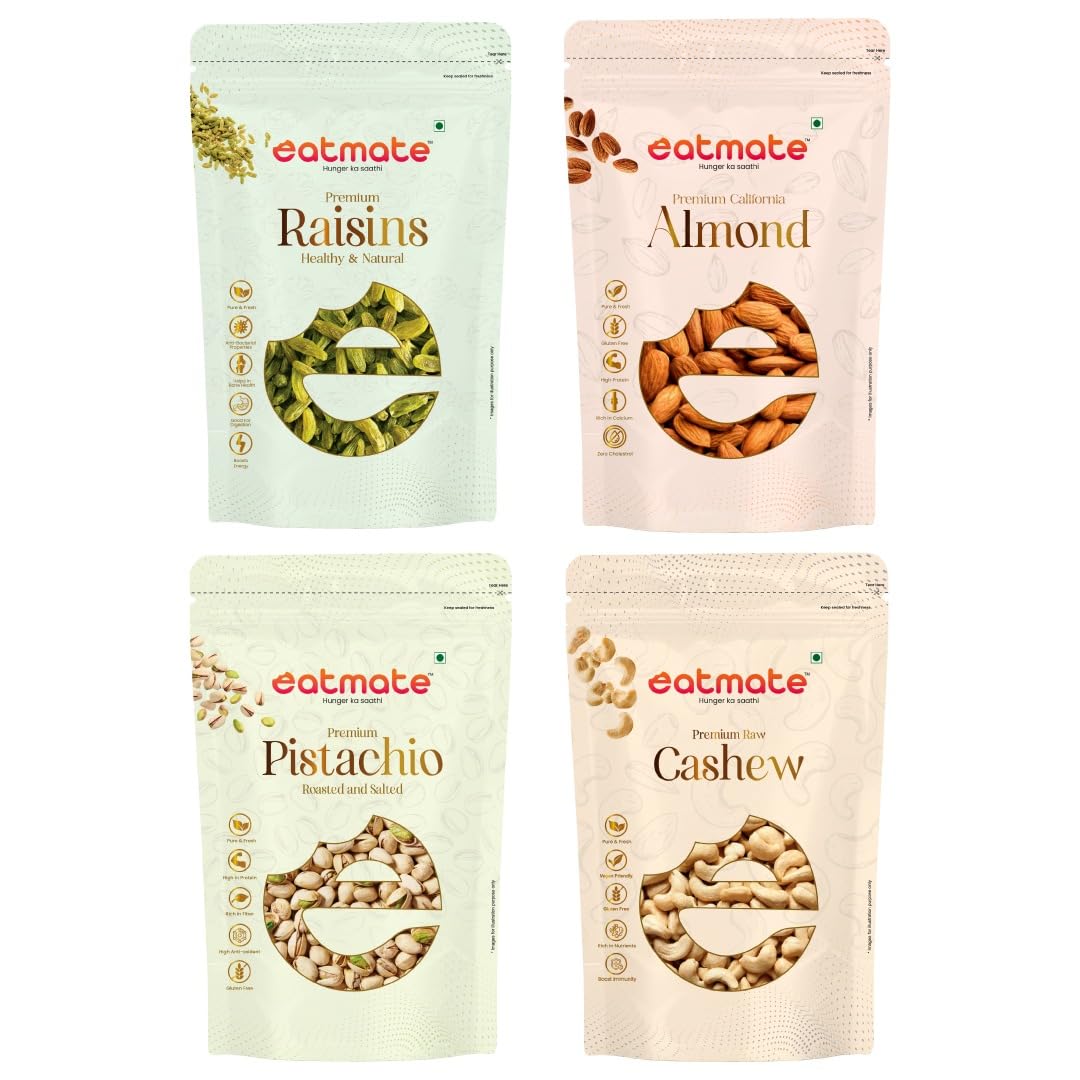 Eatmate Dry Fruits Combo- Green Raisins, Almonds, Cashews, Roasted Pistachios (250g Each)| Fresh Healthy Snacks for Munching, Gifting, Daily Consumption (Pack of 4) 4