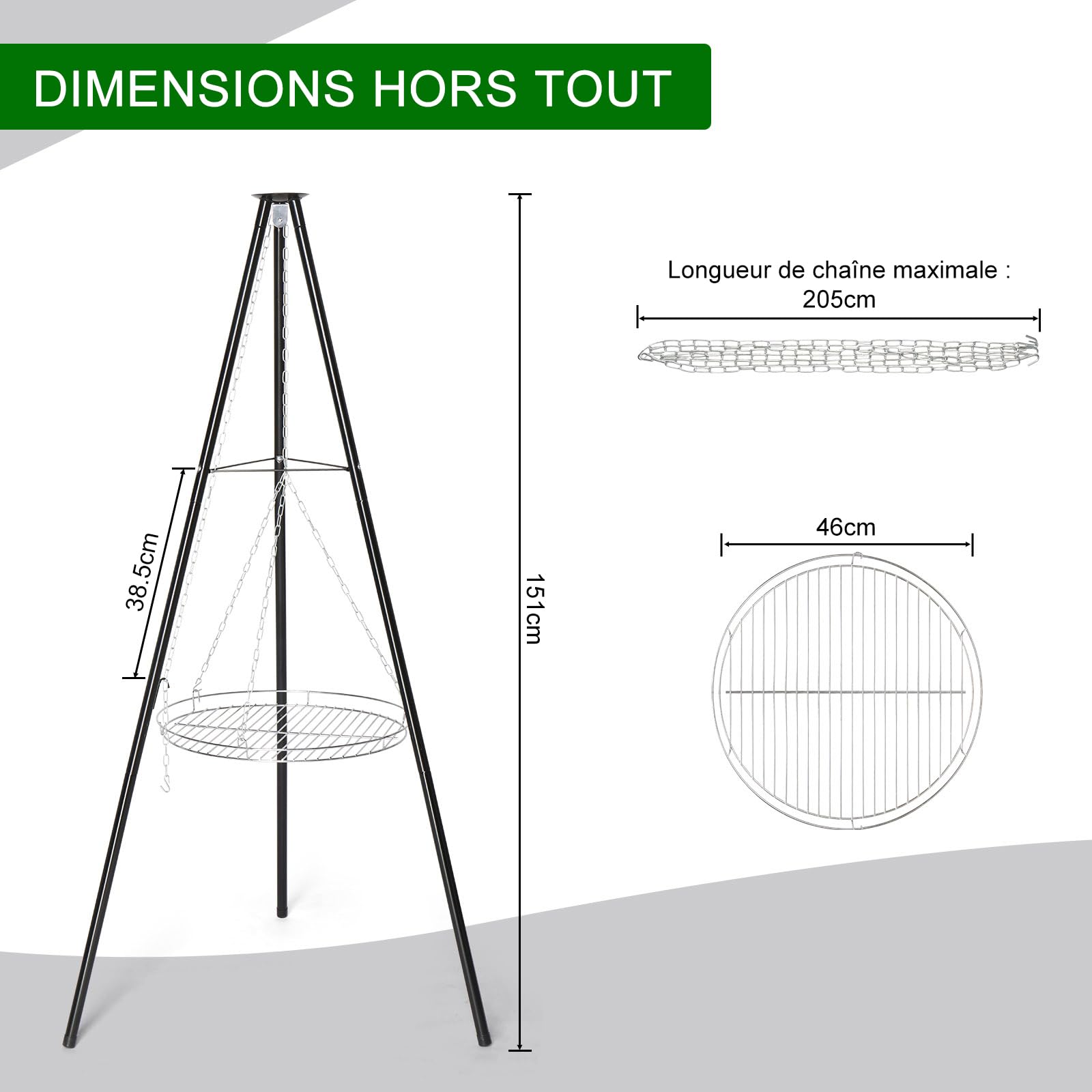 LEADZM Barbecue charbon de bois - Barbecue suspendu sans foyer(Plaque à pâtisserie de 50 cm de diamètre) - Réglable en hauteur, Structure de type trépied(robuste et stable) - Pour camping et jardin