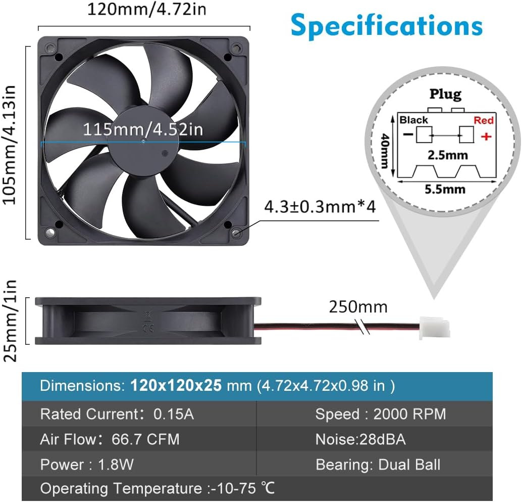 Wathai 120mm x 25mm 12V Computer Case Cooling Fan 12 Volt 2Pin High High Performance DC Fan 2 Pack