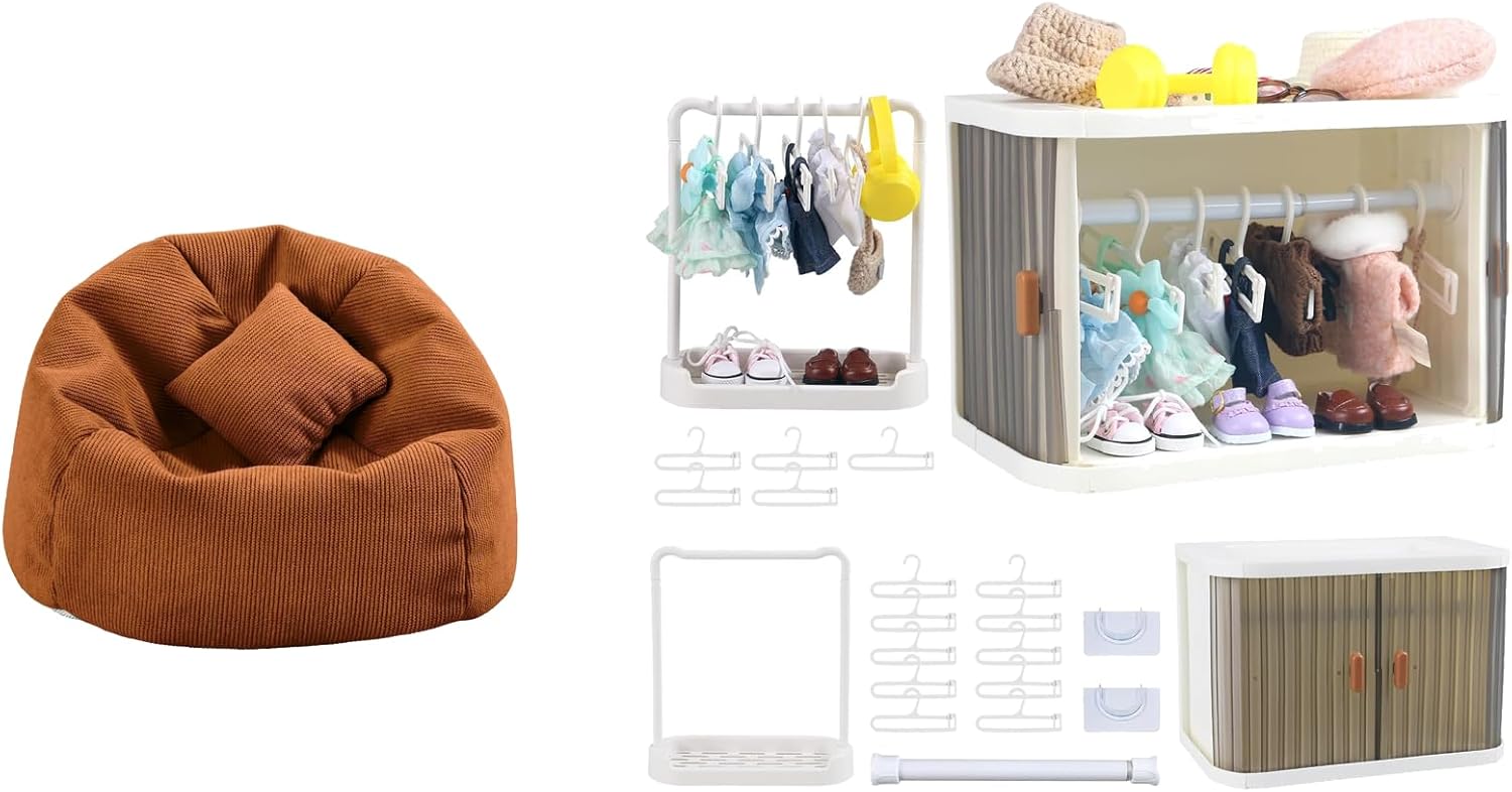 Set/2pcs Bean Bag Chair Coffee and Doll Clothes Closet