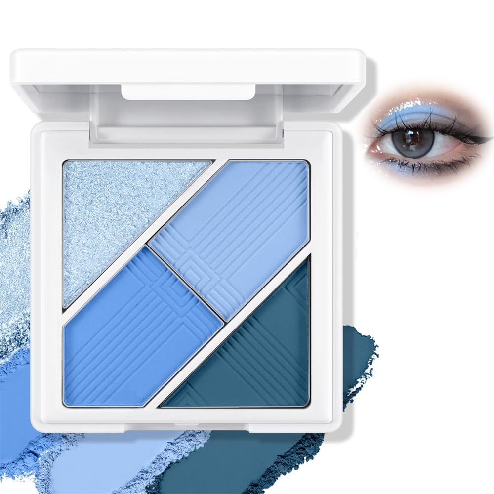 Matte Shimmer Eyeshadow Palette, Azonee 4-Color Pigmented & Blendable Eyeshadow for Bold & Glamorous Eye Makeup, Long-Lasting, Travel-Friendly, Ocean Blue, Glacier Blue