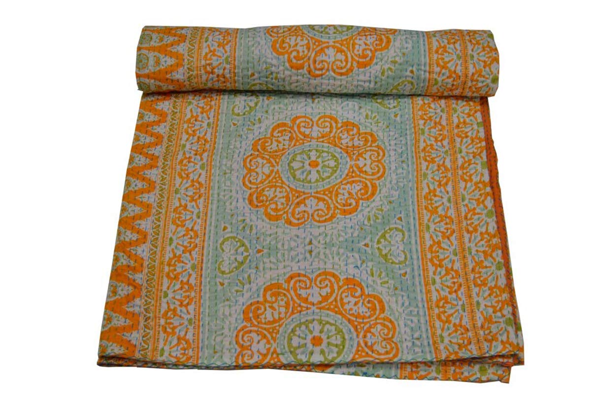 MarusthaliBagru Print Hand Crafted & Handmade Hand Stitched Small Buti Design Printed Cotton kantha Single Quilt Bedspreads 60 X 90 Inches