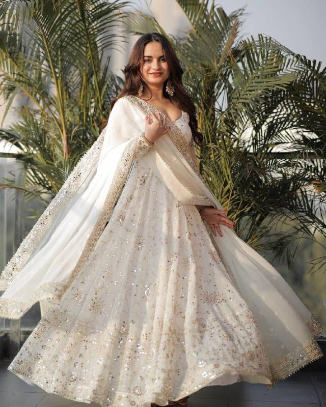Women Faux Georgette Anarkali Gown Set with Dupatta Embroidery Sequins Work Ethnic Wear - Image 5