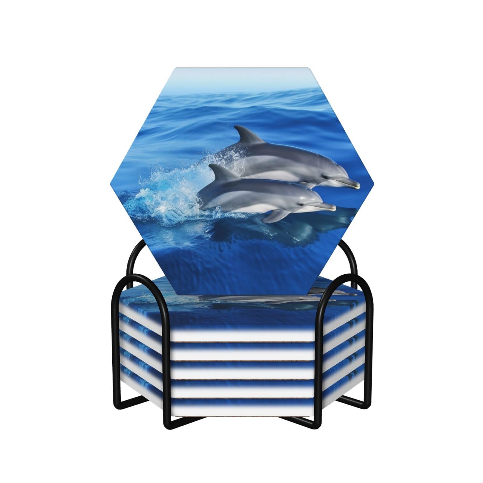 6Pcs Ceramics Coaster for Drinks, Dolphin Family Cup Coasters with Holder, Aesthetic Drink Coasters for Coffee Table, Absorbent Round Coaster for Tabletop Protection 4" Cup Mat Pad
