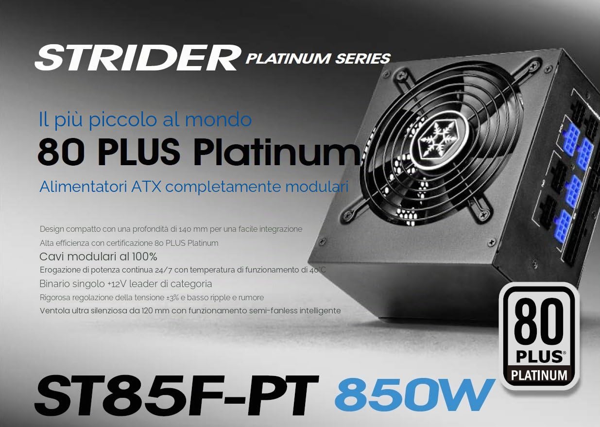 SilverStone SST-ST85F-PT - Alimentatore serie Strider Platinum, 850W 80 Plus Platinum ATX PC Power Supply, 120mm, 100% modulare