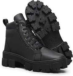 Bota Coturno Feminina Zíper Preta Salto Bloco Plataforma Tratorada Estilosa Confortável