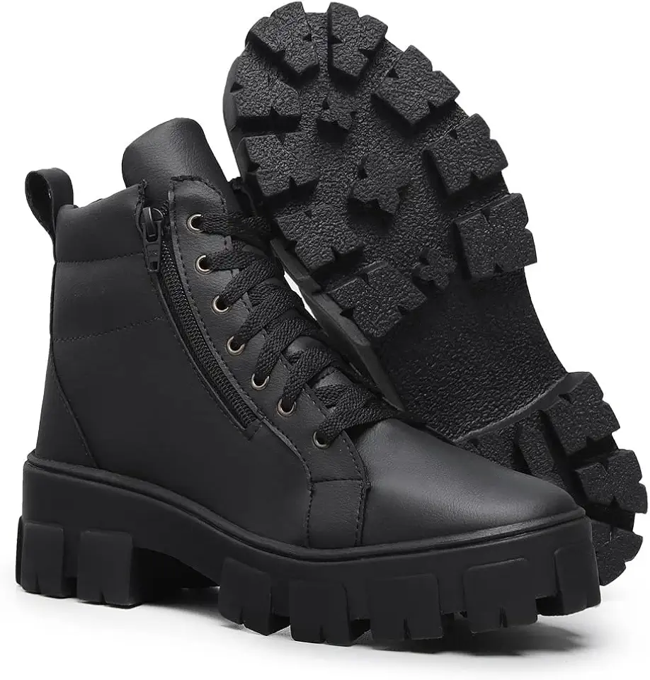 Bota Coturno Feminina Zíper Preta Salto Bloco Plataforma Tratorada Estilosa Confortável