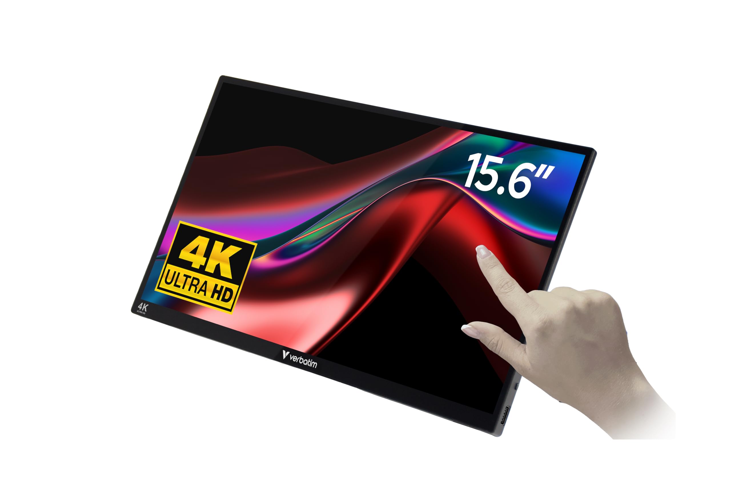Verbatim Portable Touchscreen Monitor 4K, mobiler 15,6" Bildschirm aus Aluminium, tragbarer HRD Screen für Laptop, Tablet, PS5 oder Nintendo Switch mit USB-C- und HDMI-Anschluss, schwarz