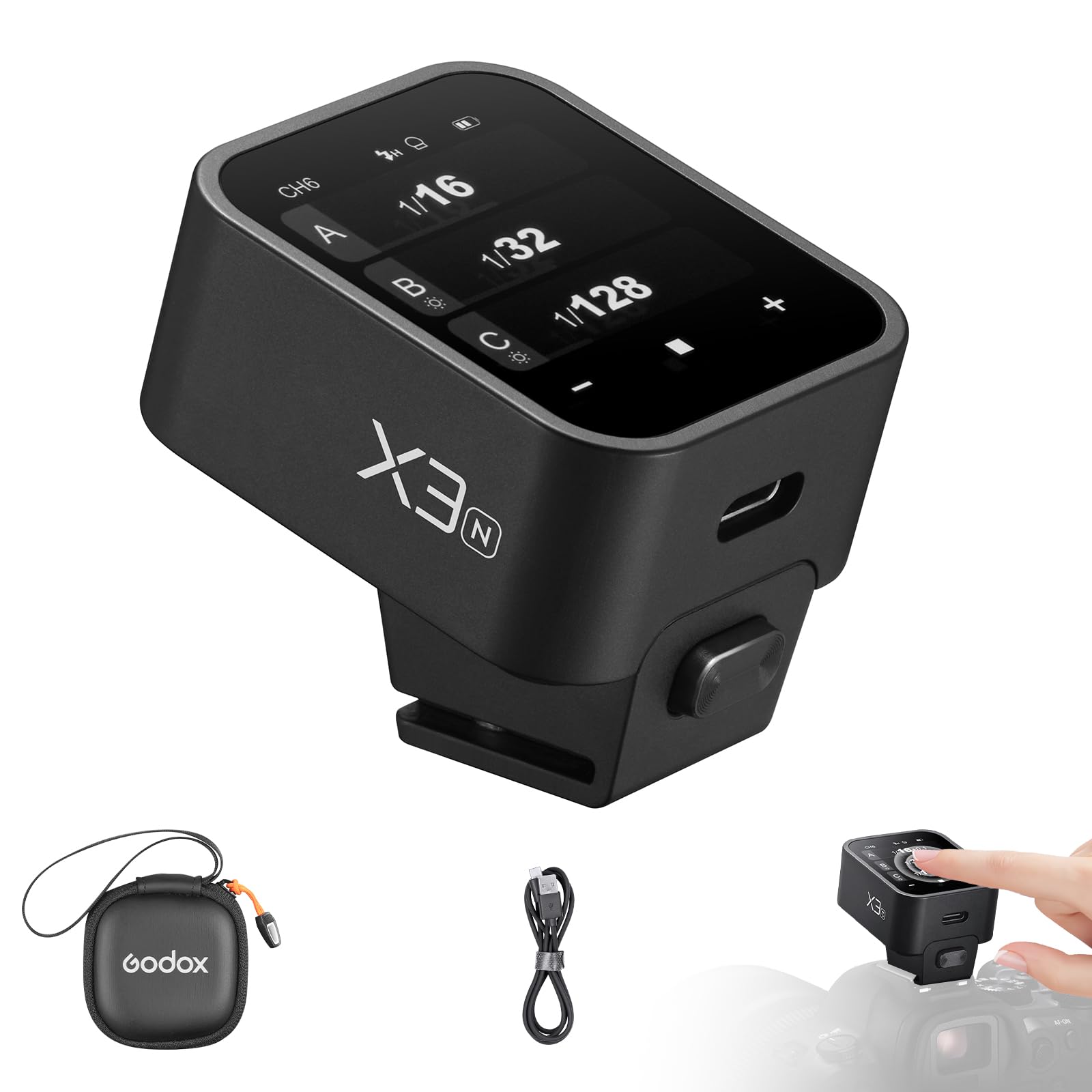 Godox X3-N Disparador de Flash Inalámbrico con Pantalla Táctil OLED para Cámara Nikon 2.4GHz Inalámbrico 1/8000S HSS TTL Función Tcm Batería Integrada Recargable Tipo-c Control Remoto de Flash de