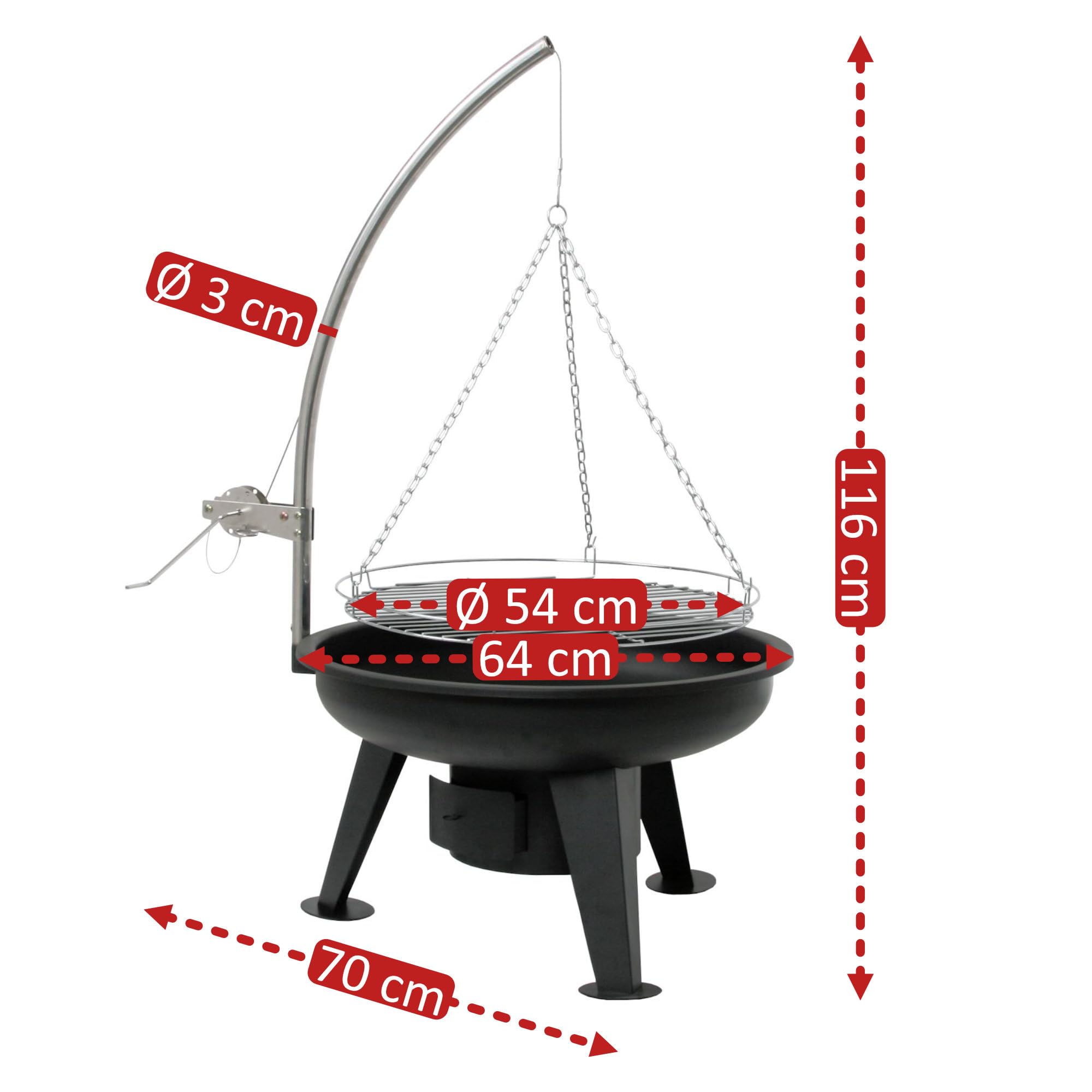 Arebos BBQ zwenkgrill, houtskoolgrill met vuurschaal, 51 cm, driepoot voor goulashketel, grillrooster 49 cm, grillframe met vuurbak, in hoogte verstelbare ketting 228 cm, kolengrill