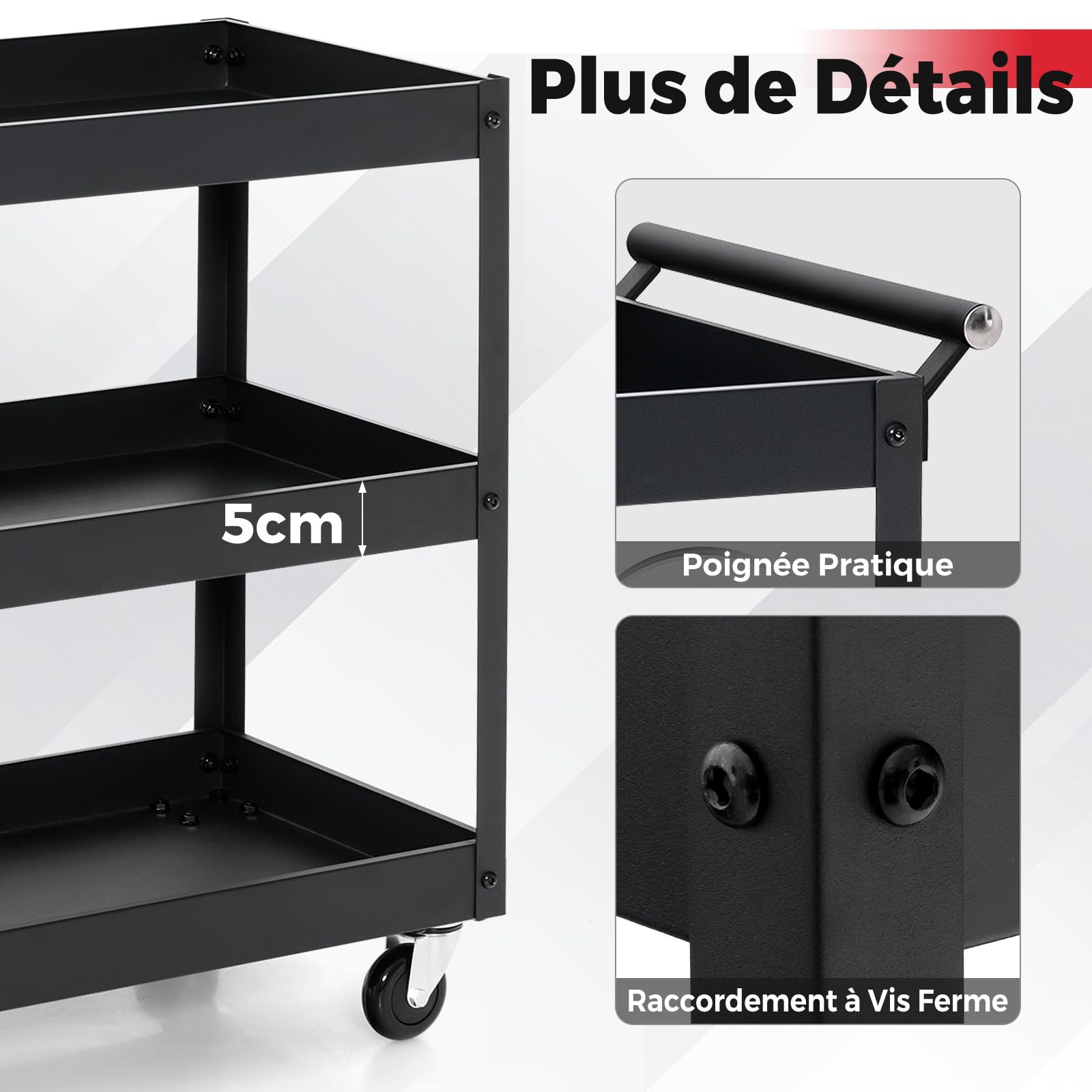 GYMAX Chariot à Outils d'Atelier 3 Niveaux, Chariot de Service en Métal, 4 Roues Universelles dont 2 avec Freins, Charge 120KG, Organisateur de Rangement Mobile, pour Maison, Cuisine, Entrepôt, Garage