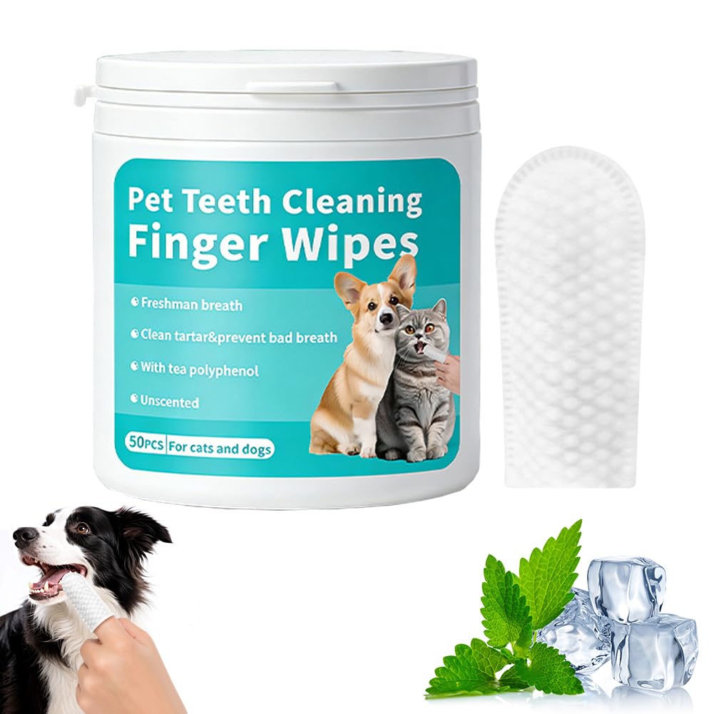 Natural Pet Dental Finger Wipes,Gentle Dog & Cat Teeth Cleaning Finger Wipes,No Brushing Pet Oral Care Wipe for Breath,No Water Required,Gentle Formula,for Dog and Cat of All Ages,Daily Oral Care