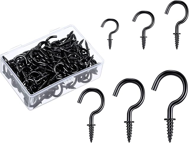 90 Pcs Screw in Hooks, Cup Hooks 6 Sizes Hooks for Hanging Mug Cup Ceiling Hooks for Hanging Tea Cup Key Indoor and Outdoor Use (Black)