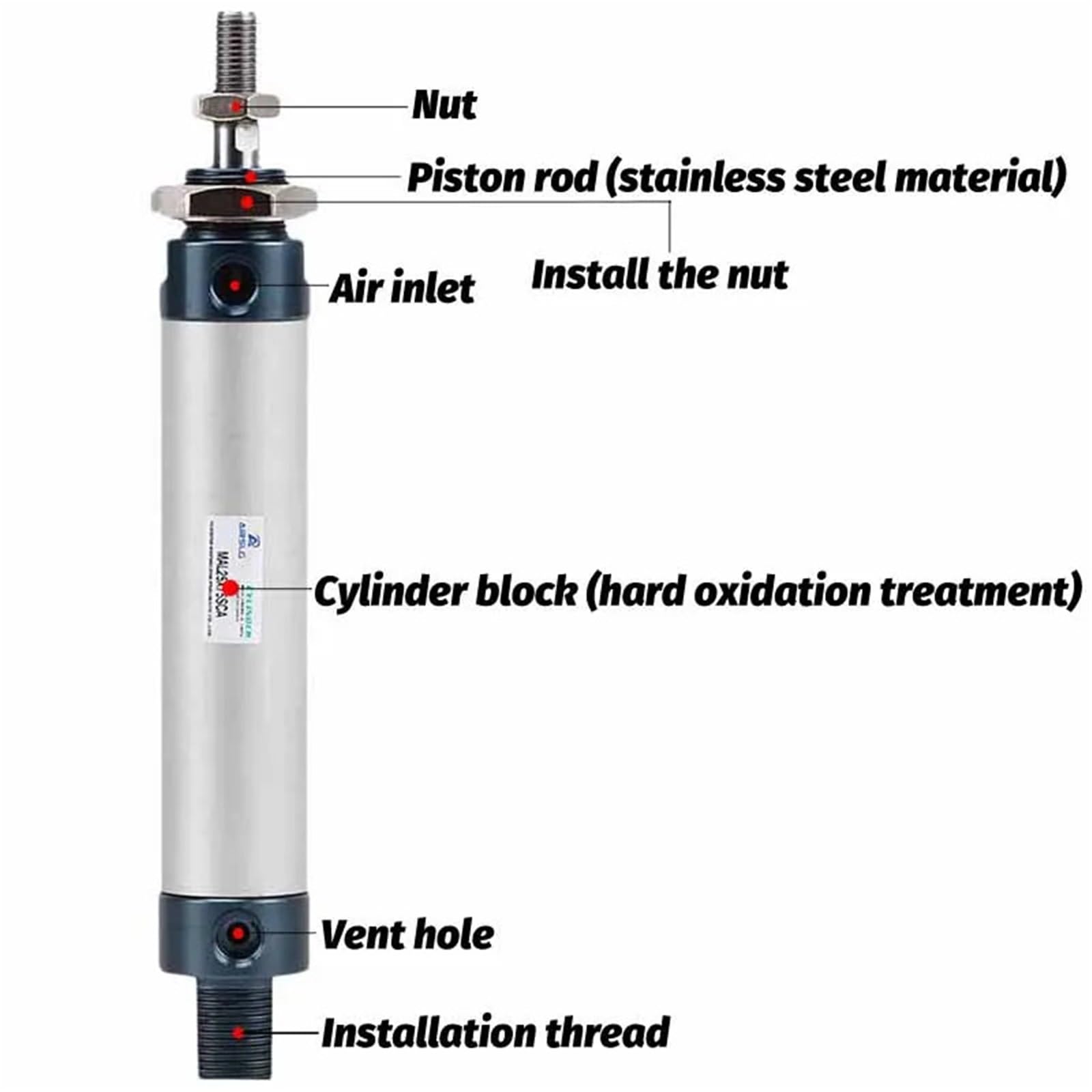 Luftpneumatikzylinder, doppeltwirkender Luftzylinder, Bohrung MAL16, MAL20/25/32/40 mm, Hub 10/15/20/25/30/40 mm(40mm stroke,Bore 32mm)