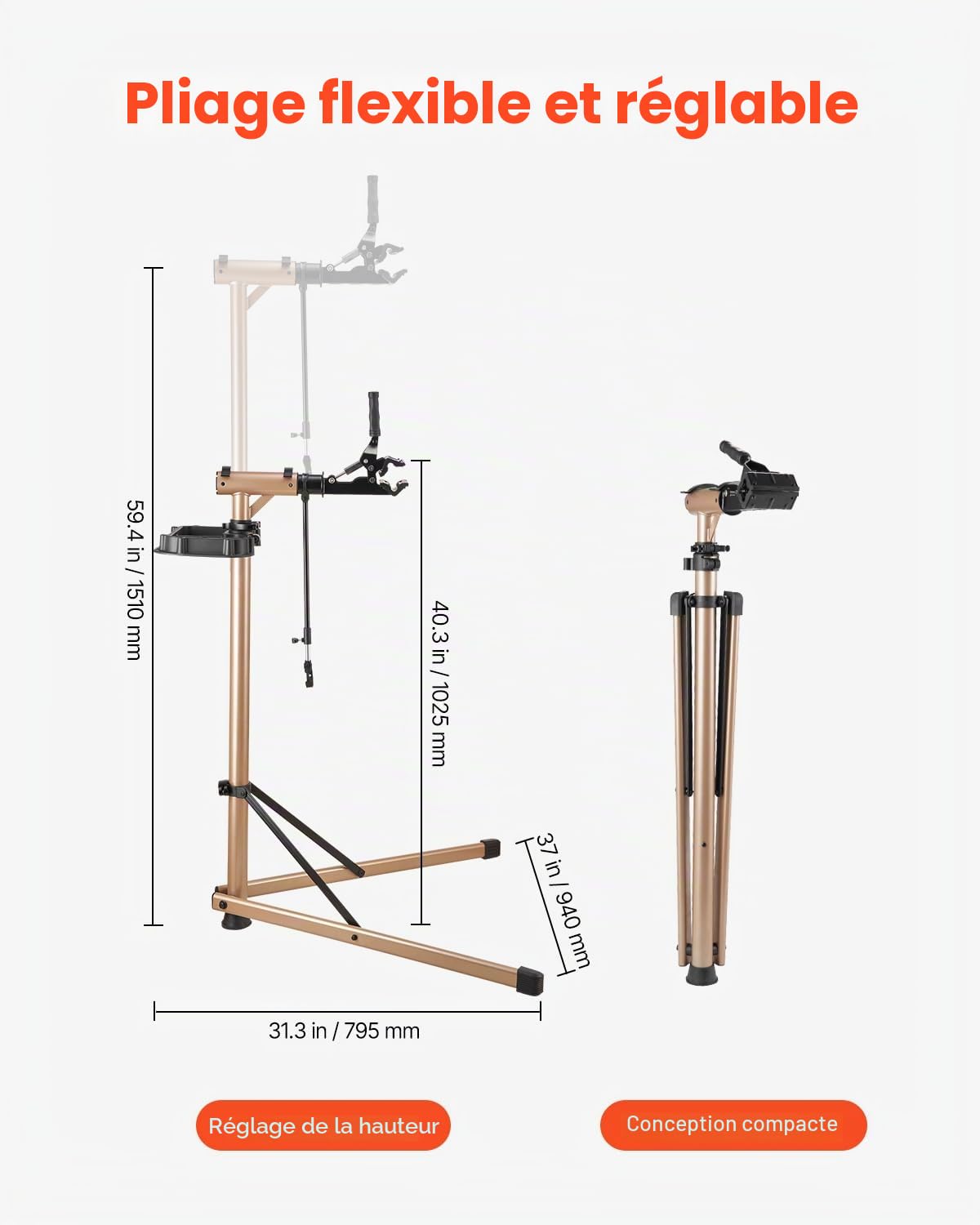 VEVOR Pied d'atelier vélo pliable, hauteur réglable de 1025-1510 mm, support de réparation de vélo robuste, charge 49,9 kg, stand de bicyclettes avec grand plateau à outils, pour VTT et vélos de route