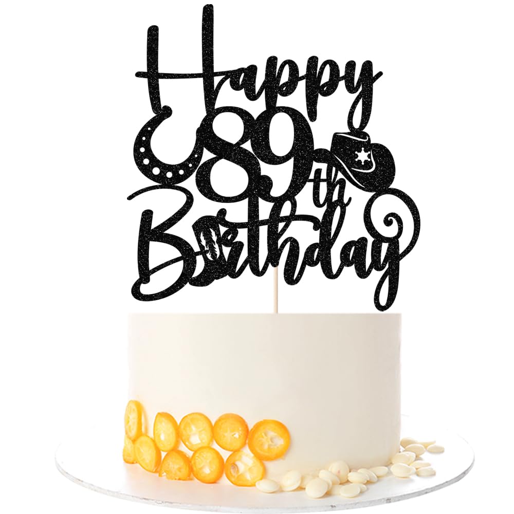 Kaoenla Glitter Black "Happy 89th Birthday" Cowboy Themed Cake Topper - Western Style Party Decoration for 89th Birthday & anniversary photo props Celebration — image 1