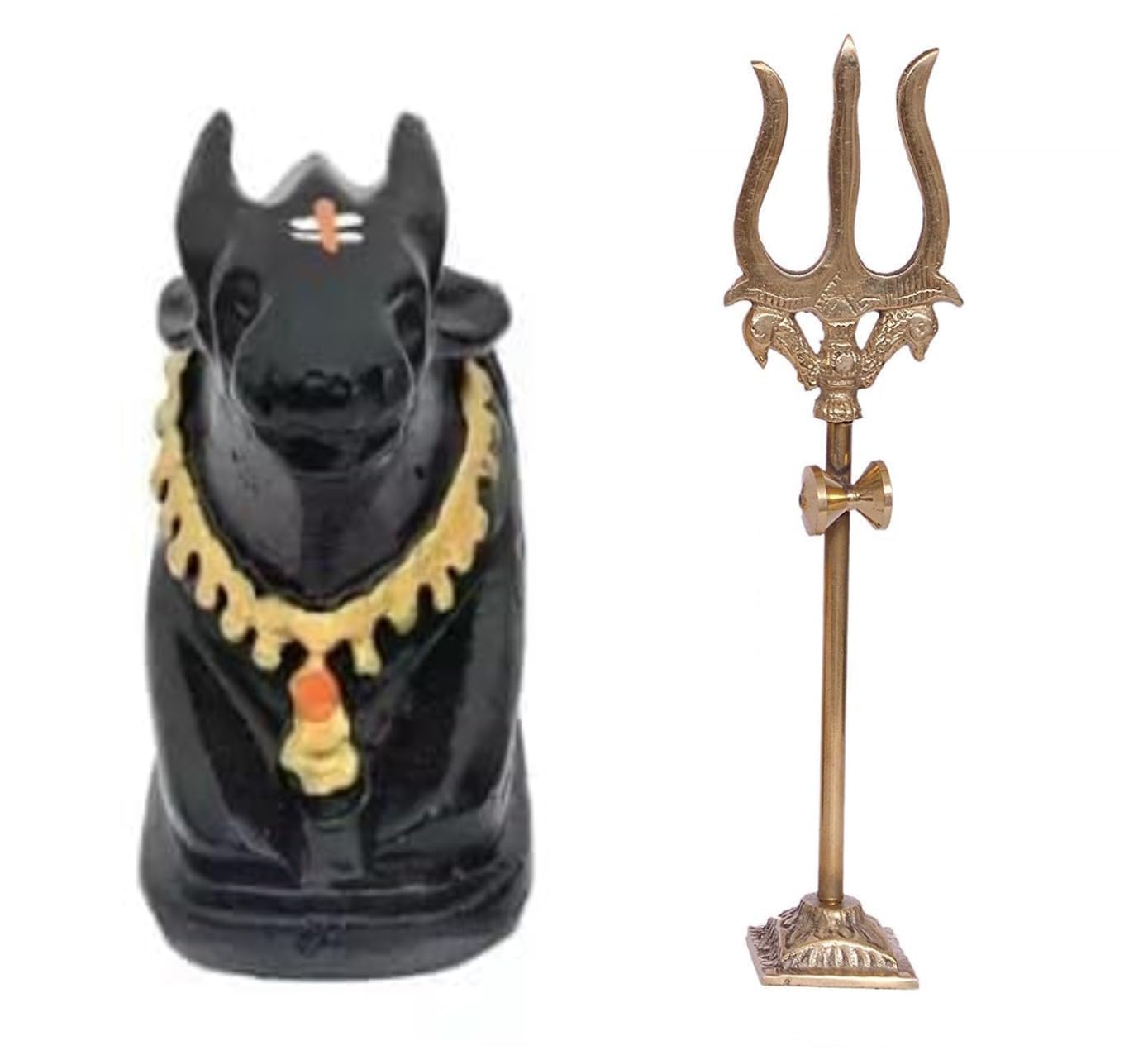 A & S VENTURES Brass Damru Trishul on Stand Show Piece Decoration Items with Black Polyresin Small Size Nandi Ji Maharaj Bull Statue Idol Murti for Home Shivling Puja Pooja Vastu Car Dashboard.
