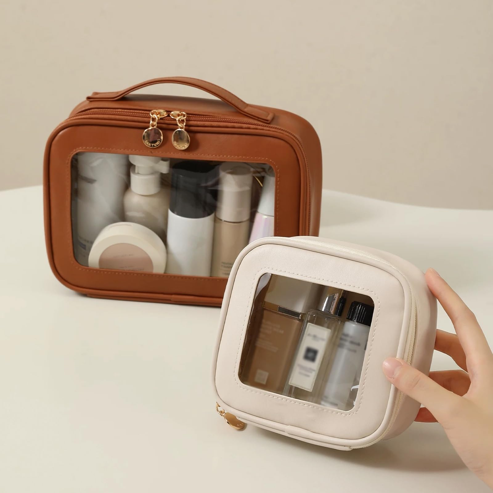 Organizer per Cosmetici da Palestra, Doccia e Bagno, Beauty Case da Viaggio Donna, Facile Pulire, Trasparente e Visibile per un Facile Accesso, Leggera, Lussuosa Portatile(Brown)