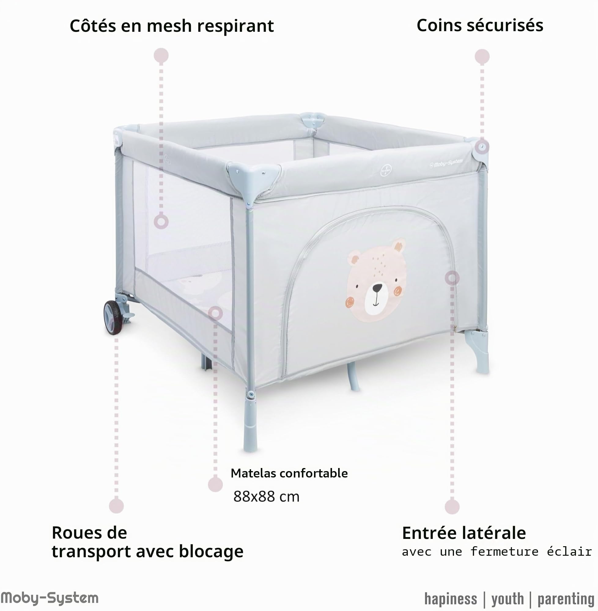 Moby-System Parc Bébé avec Matelas et Sac de Transport - Lit Parapluie Pliable, Roues Verrouillables, Cadre Stable - Motif Ours en Peluche - 97 x 100 x 77 cm (3 Articles)