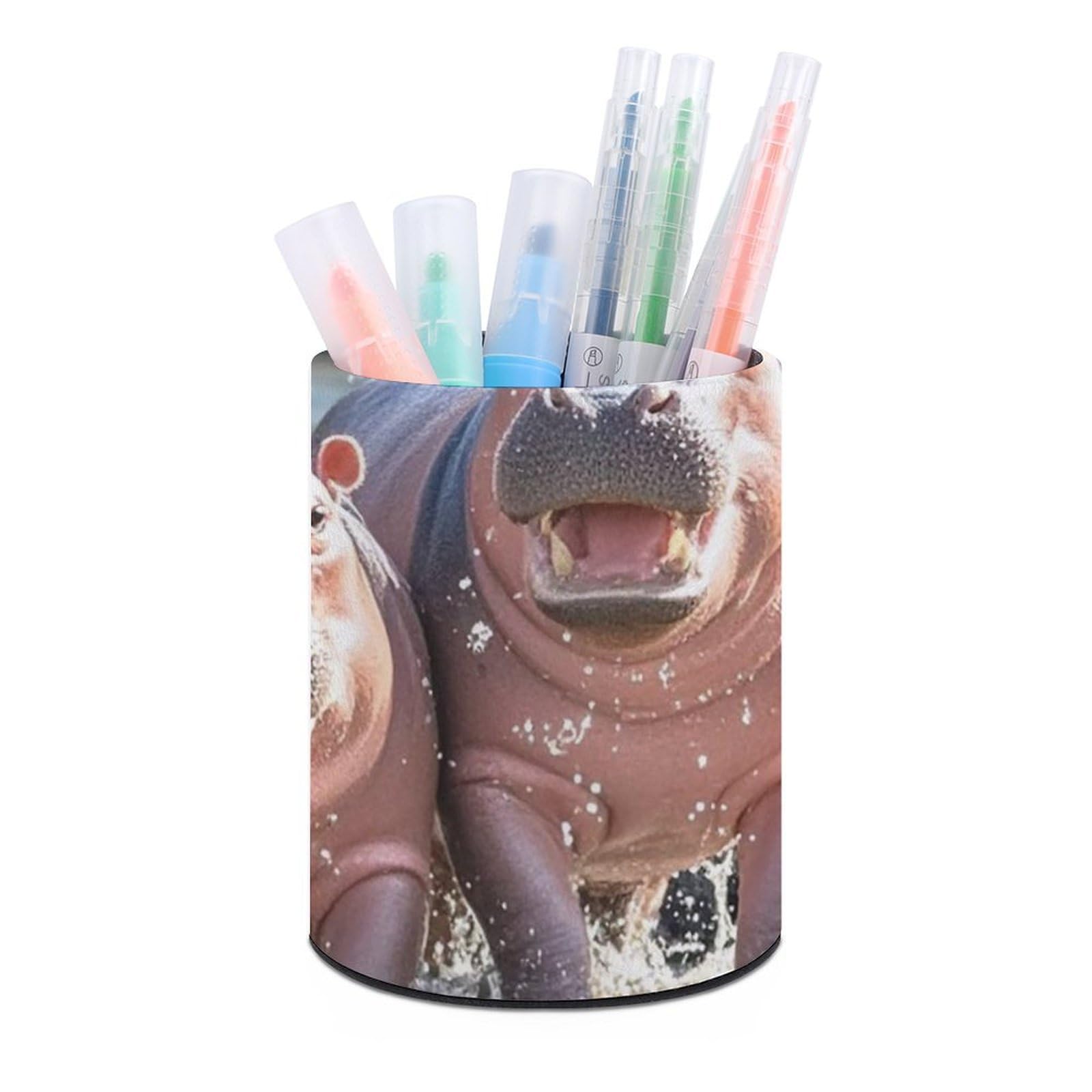 FekiLoot PU Leather Round Pen Holder Hippos Pencil Holder Desk Organizer Pen Organizer Pen Cup Pencil Cup Caddy Desktop Stationery Organizers for Office Home Supplies
