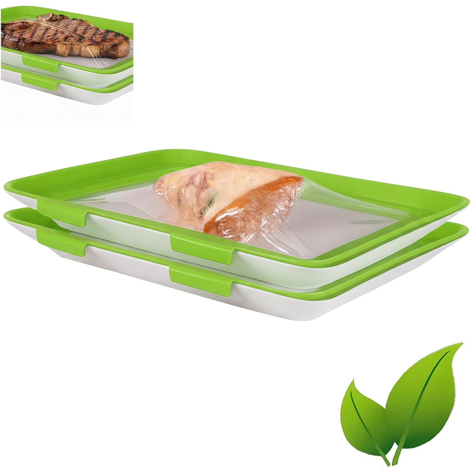 Tndckp Green*2 Reusable Food Preservation Trays With Lids, Stackable Food Preservative Tray, Storage Crudites Tray For Vegetable Salad And Various Foods((Green*2)