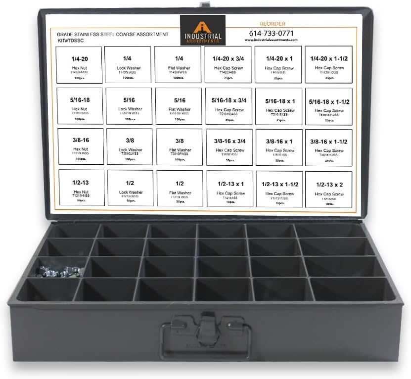 Titan Industrial Supply-1275 Piece Stainless Steel Coarse Thread Metal Drawer Assortment